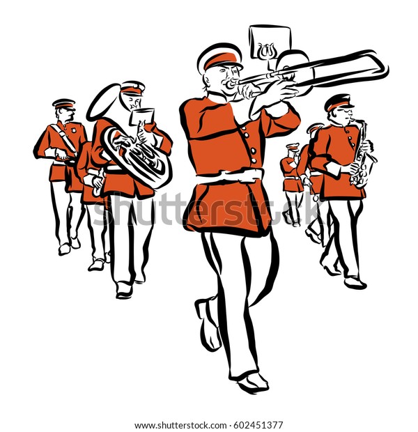 Red Colored Marching Band\
Illustration, hand-drawn vector Outline sketch witch Background\
Shape