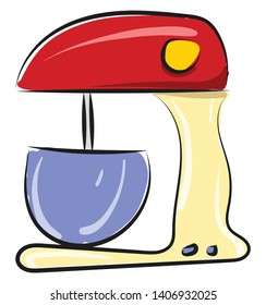 A red colored mixer with a yellow nob and two blue colored buttons with a blue colored mixer jar, vector, color drawing or illustration. 