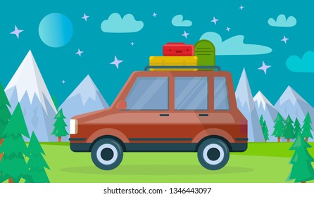 Red Colored Modern Car with Luggage Bags on Spacious Trunk at Roof at Nighty Background with Highland Landscape and Starry Sky with Moon and Clouds. Vacation Travelling. Flat Vector Illustration.