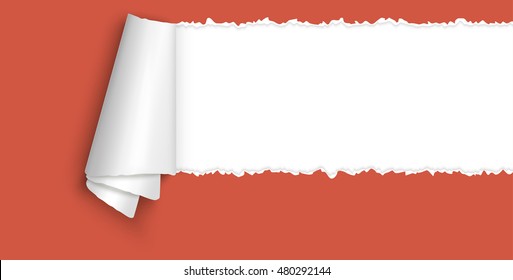 red colored ripped open paper with paper curl and space for text