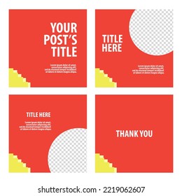 Red colored social media template with yellow accent and round image space. Suitable for carousel and microblog post style.