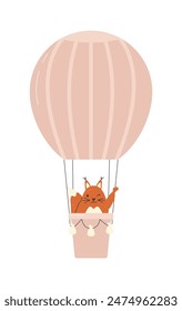 Red colored squirrel greeting from hot air ballon. Rodent baby boy flying in the air in fire balloon. Wildlife small animal character and personage design. Nursery hand drawn flat vector illustration