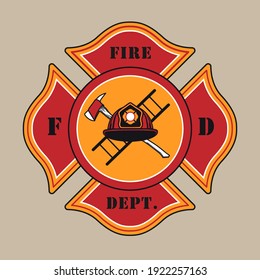 Red Colored Stylish Badge For Fire Department Vector Illustration. Colorful Label With Helmet, Axe And Ladder. Emergency And Firefighting Concept Can Be Used For Retro Template