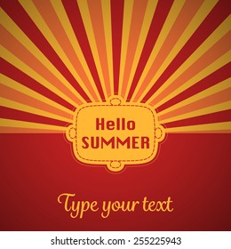 A red colored summer card with sun stripes and field for text. Vector illustration.