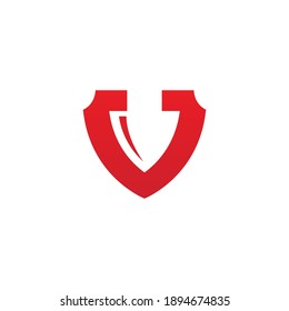 Red colored symbol design with shield and arrowhead on a white background. Vector