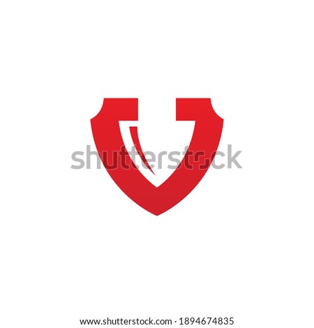 Red colored symbol design with shield and arrowhead on a white background. Vector