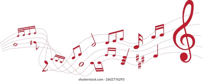 red colored vector illustration of sheet music - musical notes melody