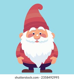 Red Colorful Happy little chubby Garden Gnome old Man with Cute Face on Turquoise Background. Cartoon Vector Illustration