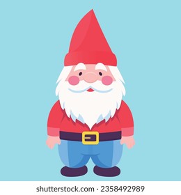 Colorido rojo Feliz pequeño jardín Gnome viejo hombre con color rosa sobre fondo turquesa. Ilustración del vector de dibujos animados