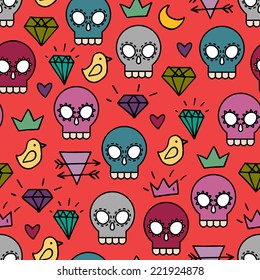 Red colorful skull vector background, halloween seamless pattern with doodle hand drawn elements, diamonds,  crowns, hearts, birds 