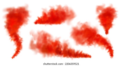 Red colorful smoke clouds isolated on white background, realistic mist effect, fog. Vapor in the air, steam flow. Vector illustration