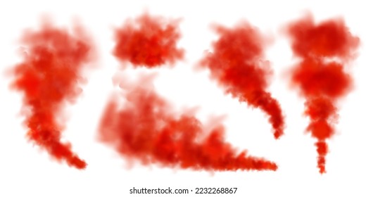 Red colorful smoke clouds isolated on white background, realistic mist effect, fog. Vapor in the air, steam flow. Vector illustration