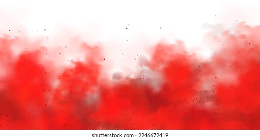 Nubes de humo coloreadas rojas aisladas sobre fondo blanco, efecto de niebla realista, niebla. Vapor en el aire, flujo de vapor. Ilustración del vector