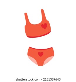 Red colorful swimwear with heart. Flat vector cartoon illustration, clipart.
