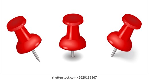 The red colorful thumbtacks set. Red pushpin  isolated on transparent background. Office stationery. Pins tacks. Realistic pushpins. Glossy plastic pin tacks. Vector 3d illustration.