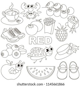 Red Colorless Objects Color elements set, collection of coloring book template, the group of outline digital elements vector illustration, kid educational game page.