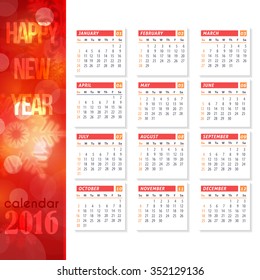 Red Colors 2016 Full Calendar Template - Promotion Poster Vector Design, Week Starts Sunday