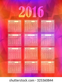 Red Colors Background 2016 Full Calendar Template - Promotion Poster Vector Design, Week Starts Sunday