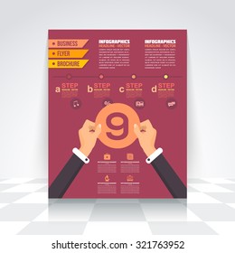 Red Colors Background Flat Style Infographics Brochure, Cover, Flyer. Numbered Banner, Number Nine