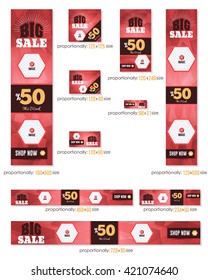 Red Colors Low Poly Abstract Background. Big Sale Concept Business Standard 10 Sizes Website Banners Template Big Set