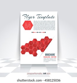 Red Colors Low Poly Hexagon Frames A4 Flyer Brochure Design. Corporate Leaflet, Cover Template