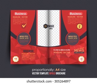 Red Colors Low Poly Style Business Bi-Fold Brochure Design. Corporate Leaflet, Cover Template