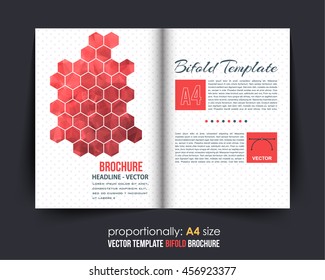 Red Colors Polygonal Hexagon Frames Bi-Fold Brochure Design. Corporate Leaflet, Cover Template