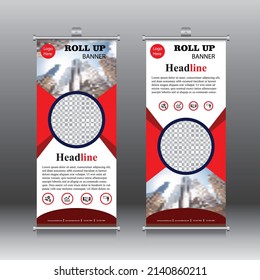 Red colour abstract shapes business roll up. Standee design. Banner template. Presentation and exhibition brochure. Vector illustration.