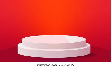 Red colour background. realistic white cylinder pedestal podium. vector rendering geometric forms design. minimal scene. production stage showcase, mockup product display.