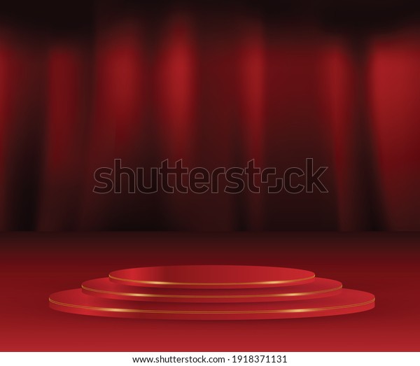 Red colour\
round podium On Red curtians stage background. Empty pedestal for\
award ceremony. Stage\
backdrop.