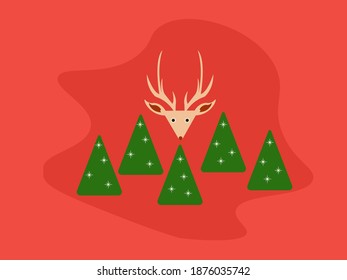 Red Colour Theme Christmas Background With Deer and Christmas Trees
