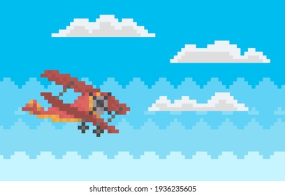 Red combat aircraft while flying among clouds. Lonely pixel helicopter for old game design