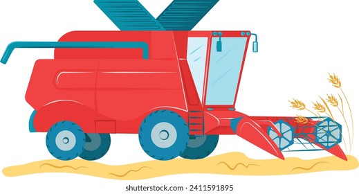 Cosechador de mezcla roja en el trabajo de campo, cosecha de trigo. Maquinaria agrícola moderna para la agricultura. Equipo agrícola e ilustración vectorial de cosecha de cultivos.