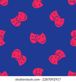 Red Comedy and tragedy theatrical masks icon isolated seamless pattern on blue background.  Vector