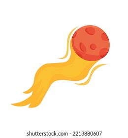 Red comet with a fiery tail on a white background. Solar system on a white background. Vector illustration in cartoon style for children. Icon of the planet.