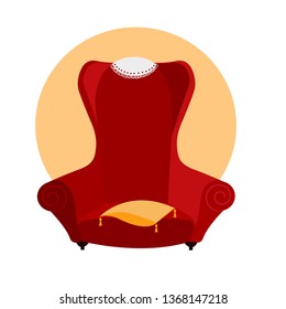Red comfortable cartoon armchair with gold pillow with tassels and lace napkin on the back of the chair. Red vintage sofa. Isolated flat cartoon vector illustration on white background.