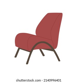 Red comfortable lounge armchair in scandinavian style. Stylish element for cozy home decoration. Hand drawn colored vector illustration isolated on white background. Modern flat cartoon style.