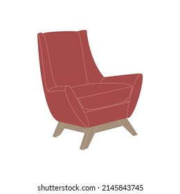 Red comfortable lounge armchair in scandinavian style. Stylish design element for cozy home decoration. Hand drawn vector illustration isolated on white background. Modern flat cartoon style.