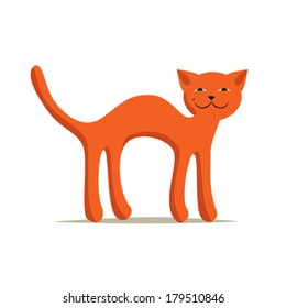 Red comic arched smiling cat on white background. 