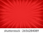 Red comic background. Art pop cartoon book. Halftone dot effect pattern. Sale banner. Anime texture. Sunburst manga style bg. Superhero popart. Gradient color. Abstract super hero. Vector illustration