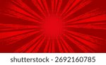 Red comic background. Art pop cartoon book. Halftone dot effect pattern. Sale banner. Anime texture. Sunburst manga style bg. Superhero popart. Gradient color. 