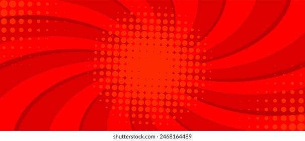 Red comic background. Art pop cartoon backdrop. Halftone effect pattern. Fun anime texture. Starburst manga style bg. Mark popart radial gradient. Spiral, swirl, comic rays. Vector illustration