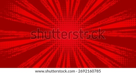 Red comic background. Art pop cartoon book. Halftone dot effect pattern. Sale banner. Anime texture. Sunburst manga style bg. Superhero popart. Gradient color. 