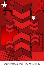 Red Comic book arrow background poster. Comics abstract Symbol. Retro pop art Direction Sign.