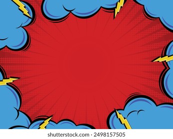 Fondo de cómic rojo Destellos amarillos y nubes azules Ilustración vectorial en estilo de arte pop Dibujos animados Efecto de semitono retro