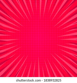 Red comic book page background in pop art style with empty space. Template with rays, dots and halftone effect texture. Vector illustration