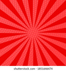 Roter Comic-Buchhintergrund im Pop-Art-Stil mit Leerraum. Vorlage mit Strahlen, Punkten und Halbton-Effekt-Textur. Vektorgrafik