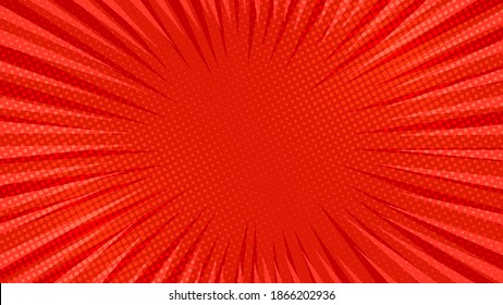 Red comic book page background in pop art style with empty space. Template with rays, dots and halftone effect texture. Vector illustration