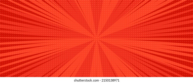 Red comic book page background in pop art style with empty space. Template with rays, dots and halftone effect texture. Vector illustration