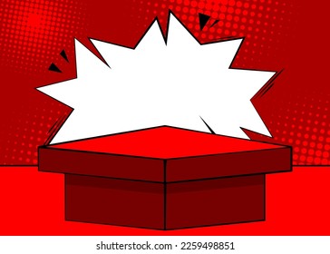 Red Comic Book Product podium. Vintage pop art stage for mockup presentation. Empty Pedestal background.